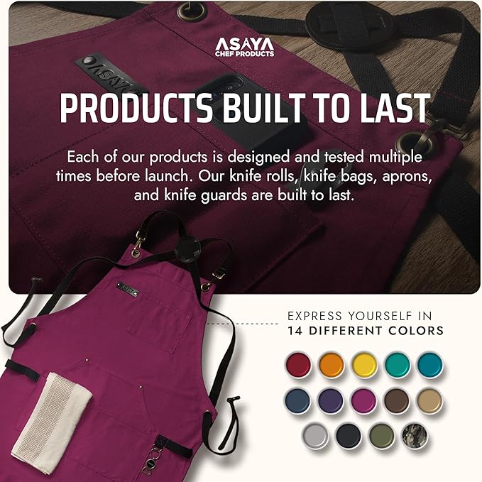 Asaya Chef and BBQ Apron with Bottle Opener and Hand Towel - 10oz Cotton Canvas, Stainless Steel Hardware - Cross Back Straps