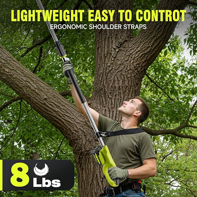 Alloyman 20V Cordless Pole Saw 8-inch, 15 Ft MAX Reach Electric Pole Saw for Tree Trimming, Tree Trimmer for Pruning Branches，with 2 * 4.0Ah Batteries & Charger, 2*Chains