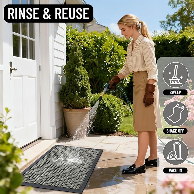 OLANLY Front Door Mat Outside Entrance 29.5x17, Absorbent, Heavy Duty Sturdy Natural Rubber Doormat Indoor Outdoor, Non-Slip, Stain and Fade Resistant, Low Profile Floor Mat for Entryway, Modern Gray