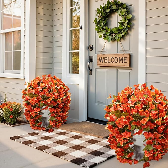 Bougainvillea Artificial Flowers Plants for Outdoors Outside Fall Autumn Decor, 2 pcs Faux Silk Long Trailing Vines UV Resistant Look Real Orange Fake Flowers for Front Door Porch Planter Urn Patio