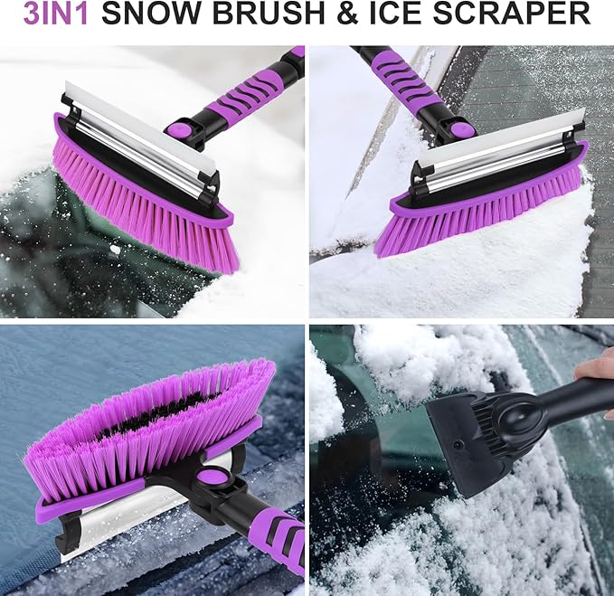 Yougfin 3 in 1 Snow Brush with Ice Scraper for Car Windshield Extendable, SUV Snow Removal with Squeegee Heavy Duty, 180° Rotating Head Car Window Cleaner for Winter 43 inch
