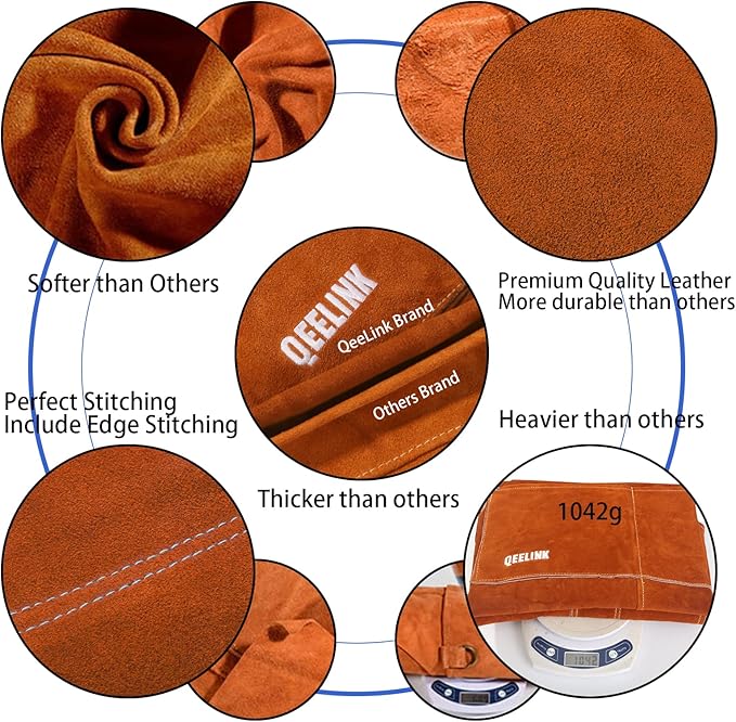 QeeLink Leather Welding Apron with 6 Pockets - Heat & Flame-Resistant Apron, 24'' X 42'', Adjustable M to XXXL