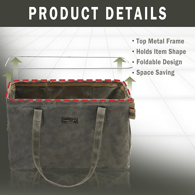 Kaaltisy Canvas Tool Tote Bag | 16OZ Waxed Canvas Tool Carrying Bag - with 8 Pockets & Metal Support Rods, Rectangular Foldable Canvas Tote Tool Bag for Chisels Wrench Hammer Level | Army Green