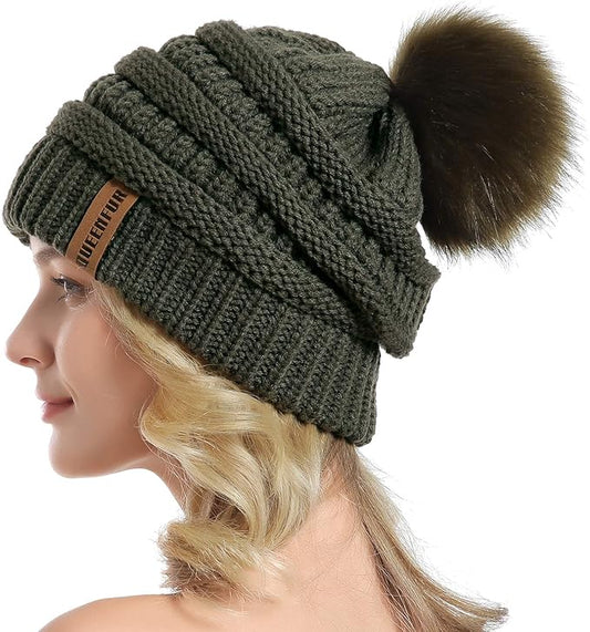 QUEENFUR Women Knit Slouchy Beanie Chunky Baggy Hat with Faux Fur Pompom Winter Soft Warm Ski Cap