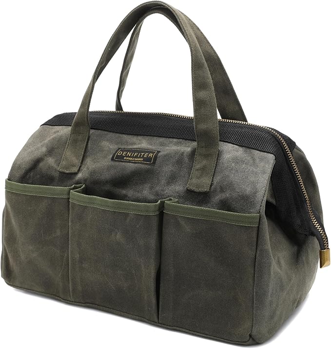 13-inch Tool Bag, Heavy Duty Wide Mouth Water-Resistant Tool Bag, Tool Tote with Handle for Tools, Wrenches, Screwdrivers (13 X 7.8 X 9 inch) | ArmyGreen