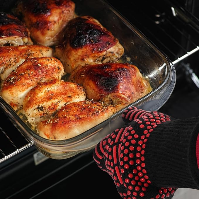 BBQ Gloves Heat and Flame Resistant Protection - Oven and Grill Gloves Hand Protection, Extended Wrist for Addtional Safety, Ideal for Outdoor Cooking, Grilling, Barbeque and Campfire (Red)