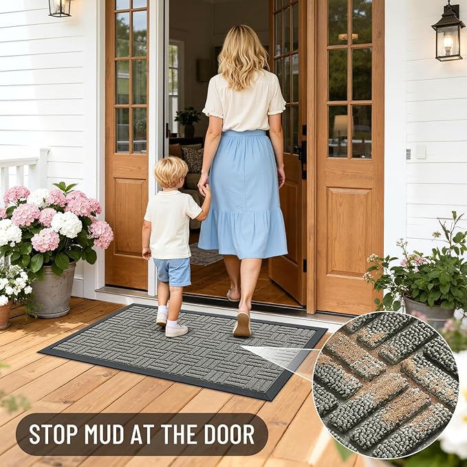 OLANLY Front Door Mat Outside Entrance 59x34, Absorbent, Heavy Duty Sturdy Natural Rubber Doormat Indoor Outdoor, Non-Slip, Stain and Fade Resistant, Low Profile Floor Mat for Entryway, Modern Gray