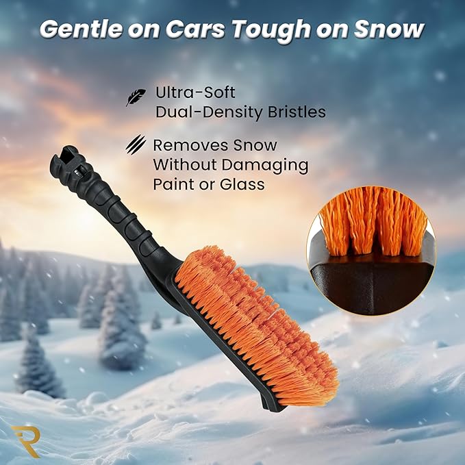 RevLux Heavy-Duty Snow Brush and Ice Scraper for Cars & SUVs | U-Shaped Reinforced Handle, Ultra-Soft Non-Scratch Bristles, Durable ABS Ice Scraper | Winter Car Snow Removal Tool | 27-Inch