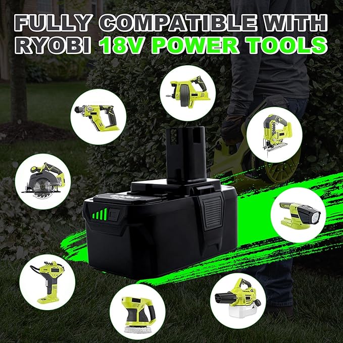 Upgrade 8000mAh High Capacity Replacement for Ryobi 18V Battery P108 P104 P105 P102 P103 P122 P109 Li-ION Compatible with Ryobi 18V ONE+ System Cordless Power Tools and Charger,1Pack
