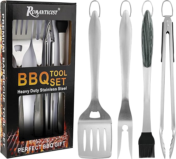 ROMANTICIST 4pc Heavy Duty Grill Accessories for Top Chef - Professional Grill Tools Set & Basic BBQ Tools for Backyard Restaurant Outdoor Kitchen - Deluxe Grill Gift for Dad on Father’s Day Christmas