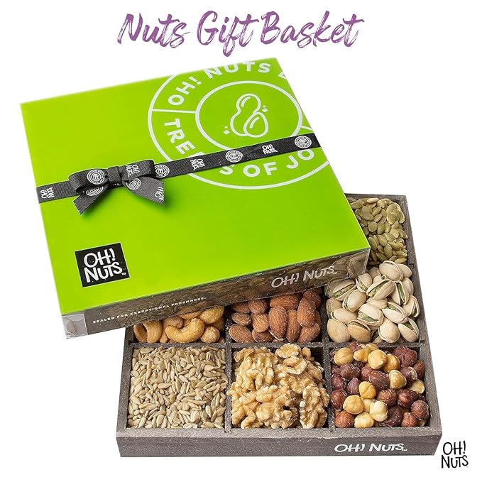 Oh! Nuts 9 Variety Nuts Gift Basket - Healthy Gift Baskets - Gourmet Assorted Nuts Tray - Gift Box for Holiday, Movie Night, Corporate, Families - Gift Ideas for Men and Women