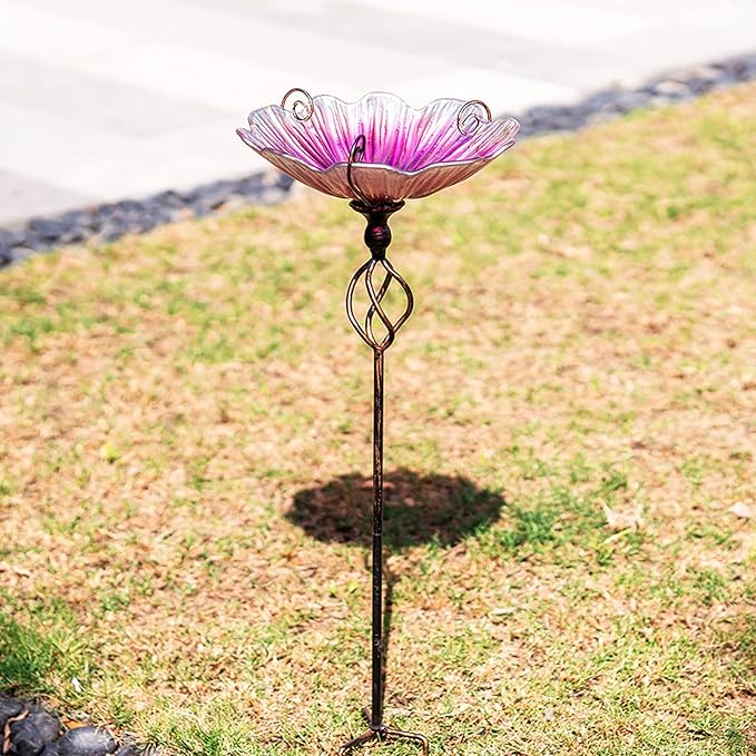MUMTOP 31 Inch Height Glass Birdbath Birdfeeder with Metal Stake Garden Yard Outdoor Pink