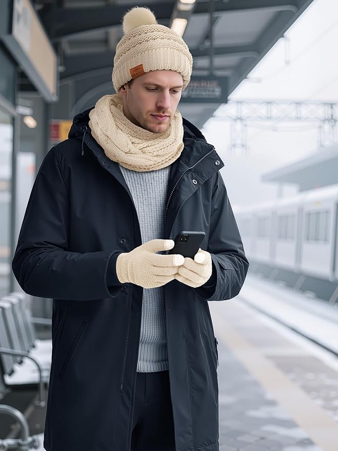 URATOT 4-In-1 Winter Warm Sets Knitted Scarf Touch Screen Gloves Beanie Pompom Hat and Winter Ear Warmer for Men or Women