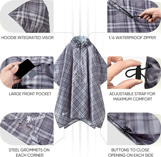 PTEROMY Hooded Rain Poncho for Adult with Pocket, Waterproof Lightweight Unisex Raincoat for Hiking Camping Emergency