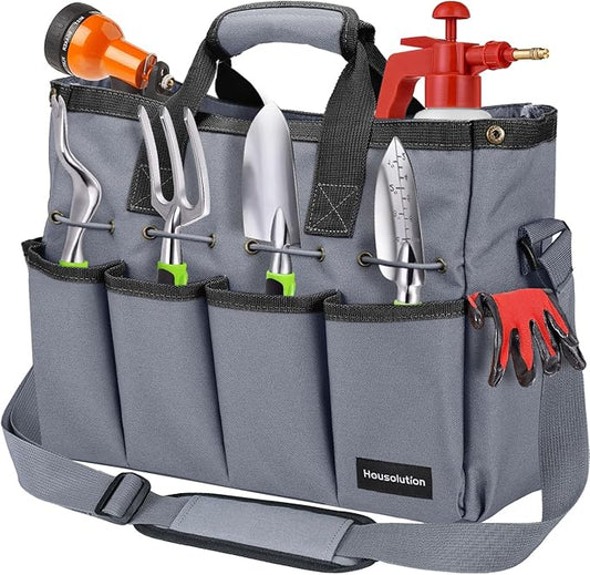 Housolution Garden Tote Bag, 900D Gardening Tool Bag, Garden Tote Storage Bag with Pockets & Long Adjustable Shoulder Strap, Home Tools Organizer Garden Tool Kit Holder, Standable, 14 Inch, Gray