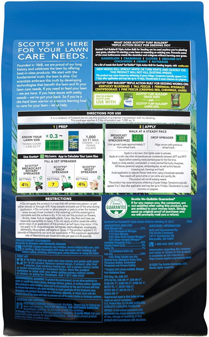 Scotts Turf Builder Triple Action Built For Seeding - Weed Preventer and Fertilizer for New Lawns, 1,000 sq. ft., 4.3 lbs.