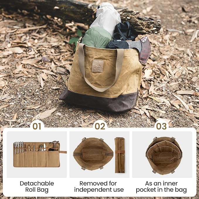 OneTigris Waxed Canvas Tool Tote Bag with Removable Tool Roll Bag, 36L Large Capacity Storage Tote Bag - Heavy Duty Canvas Bag and Tactical Camping Storage for Gardening,Camping Gear Firewood