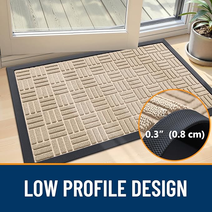 OLANLY Front Door Mat Outside Entrance 47x17, Absorbent, Heavy Duty Sturdy Natural Rubber Doormat Indoor Outdoor, Non-Slip, Stain and Fade Resistant, Low Profile Floor Mat for Entryway, Latte White