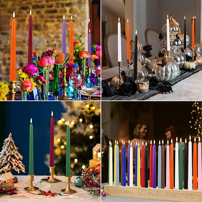24 Pack 10" Tall Colored Taper Candles, Dripless Unscented Colorful Candlesticks for Birthdays Dinner Party Home Décor, Long Burning Spell Chime Candles for Witchcraft Ritual Prayer Meditation