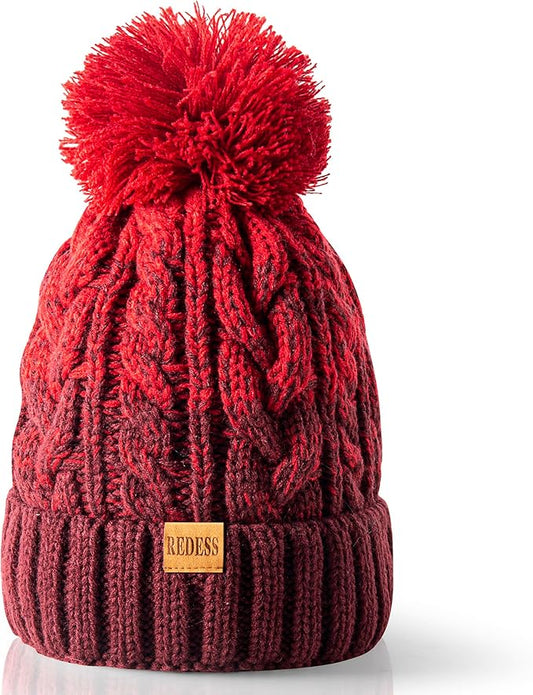 REDESS Women Winter Pompom Beanie Hat with Warm Fleece Lined, Thick Slouchy Snow Knit Skull Ski Cap