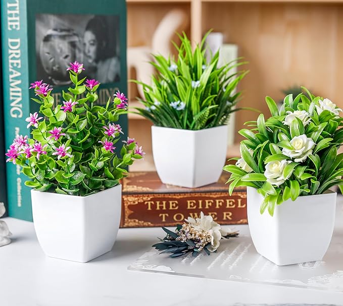 Der Rose 4 Pack Small Fake Flowers Plants Mini Artificial Potted Plants for Centerpiece Table Decorations Desk Home Bathroom Office Decor