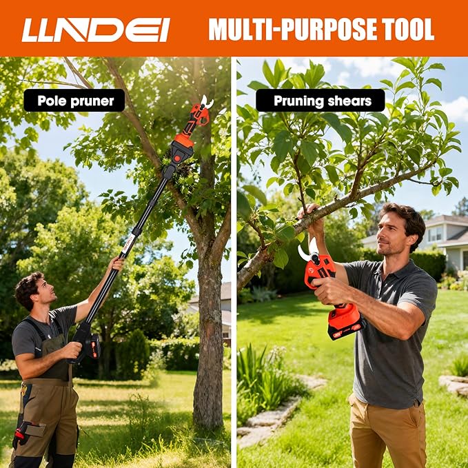 LLNDEI 2-in-1 Electric Pruning Shears with 13Ft Reach Extension Pole, 1.6“ Cutting Diameter, Electric Tree Pruner, 1000w Brushless Motor, Cordless Power Pruner for Tree Trimming.