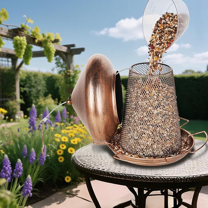 Bird Feeder, Heavy Duty Metal Bird Feeders for Outdoor Hanging, Cute Mushroom Shape 3.5 LB Large Capacity Wild Birdfeeder for Outside Garden Yard (Brown)
