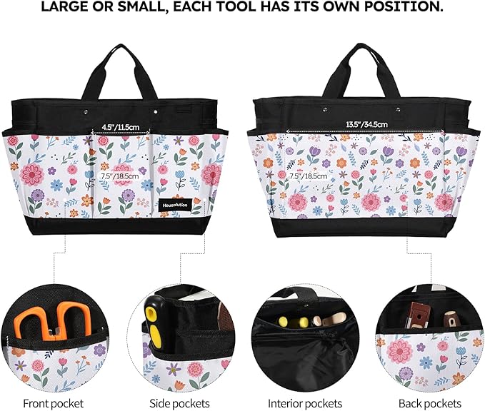 Housolution Gardening Tote Bag, Deluxe Garden Tool Storage Bag and Home Organizer with Pockets, Wear-Resistant & Reusable, 14 Inch, White Floral