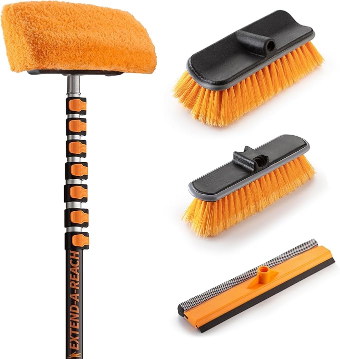 36-Foot Exterior House Cleaning Brush Set with 5-30 ft Extension Pole // Vinyl Siding Brushes with Telescopic Extendable Pole & Window Cleaning Squeegee Tool // The Ultimate Extension Scrub Brush Set
