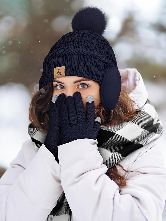 Winter Hat Scarf Gloves and Ear Warmer, Knit Warm Beanie Hat Touch Screen Gloves Long Knitted Plaid Scarf Set Gifts for Women