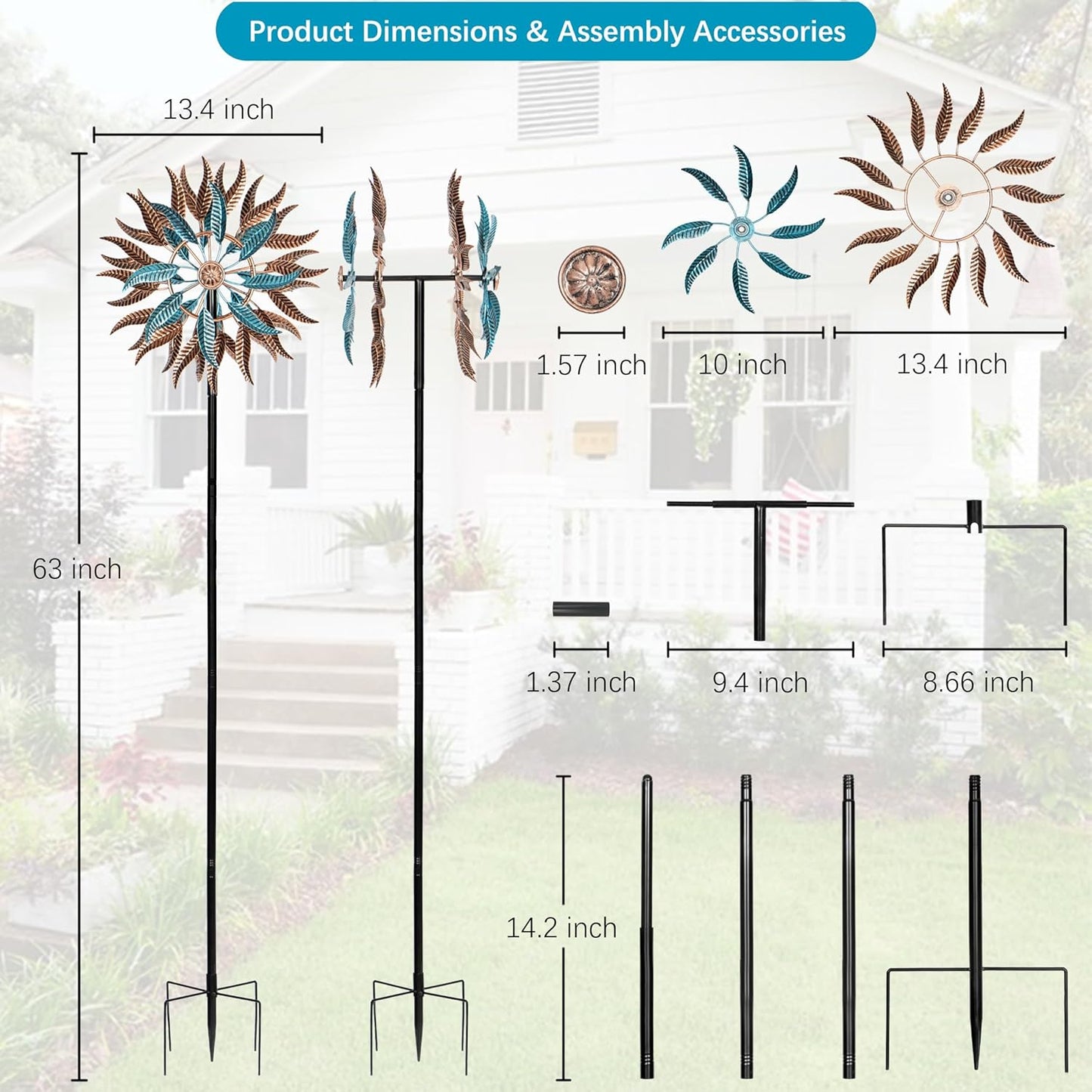 Large Outdoor Metal Wind Spinner,Two-Way Wind Sculptures,360 Degrees Kinetic Wind Spinners Yard Art Decor for Patio, Lawn & Garden 63 * 13.4 Inches