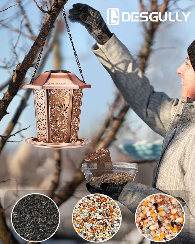 Solar Bird Feeders for Outdoors Hanging - Premium Grade Metal Bird Feeder, Chew-Proof, Weather and Water Resistant Wild Bird feeders, Outside and Garden Decoration-New