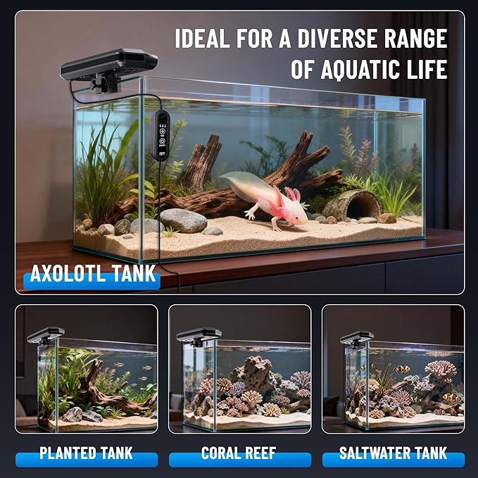 Aquarium Fan,Ultra-Quiet Fish Tank Cooler,More Powerful,Cooling Effect 3-7℉ with 3 Speed Modes Adjustable Applicable Aquariums with or Without Edges, for Axolotl Seawater Freshwater Coral Grass Tank