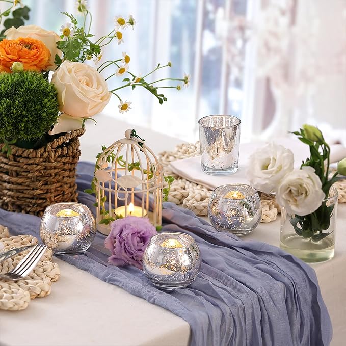 Volens Round Silver Votive Candle Holders, Mercury Glass Tealight Candle Holder Set of 12
