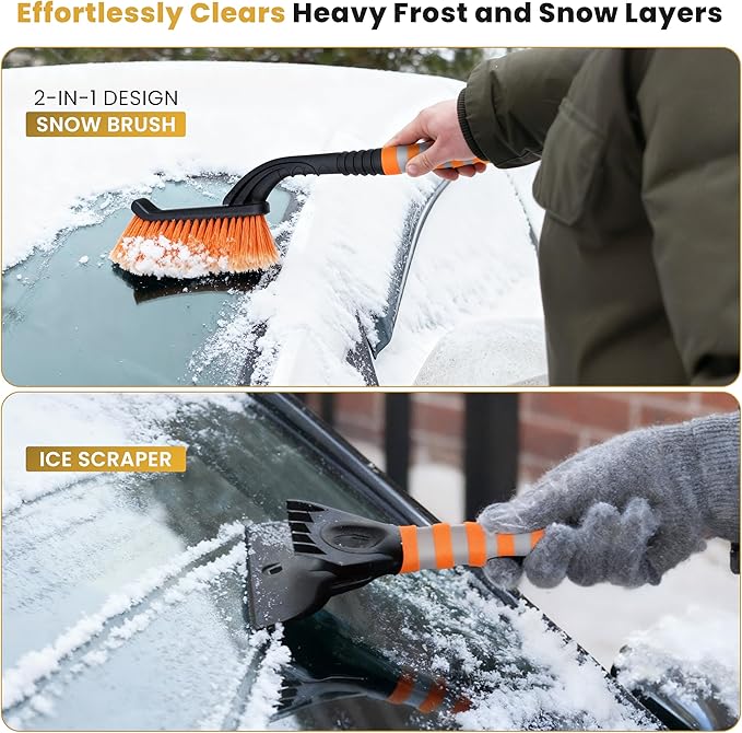 RevLux Heavy-Duty Snow Brush and Ice Scraper for Cars & SUVs | U-Shaped Reinforced Handle, Ultra-Soft Non-Scratch Bristles, Durable ABS Ice Scraper | Winter Car Snow Removal Tool | 27-Inch