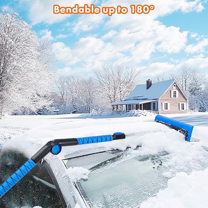 E-SDS 60” Snow Broom Ice Scraper Bendable Snow Remover for Cars with 12.2” Foam Head, Extendable Snow Brush for Car, Truck and SUV, Blue
