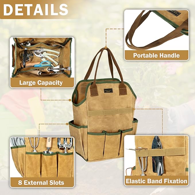 Canvas Tool Bag, 16OZ Waxed Canvas Garden Tool Tote - with 3 Inner Slots & 8 Outer Pockets & Portable Handle, Gardening Tool Storage Bag for Gardener Florist Workshop - Khaki