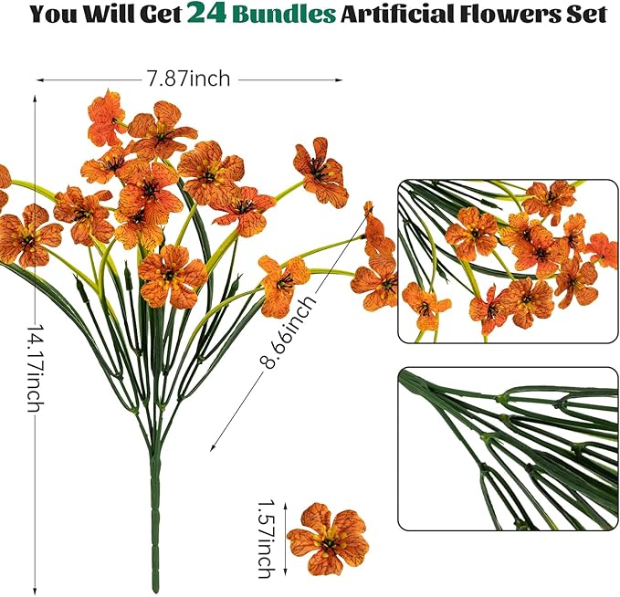 Lnoicy 24 Pcs Artificial Flowers for Outdoor,Plastic Flowers Decoration, UV Resistant Faux Flowers Shrubs, Artificial Plants for Indoor Outside Garden Home Wedding Farmhouse(Orange)