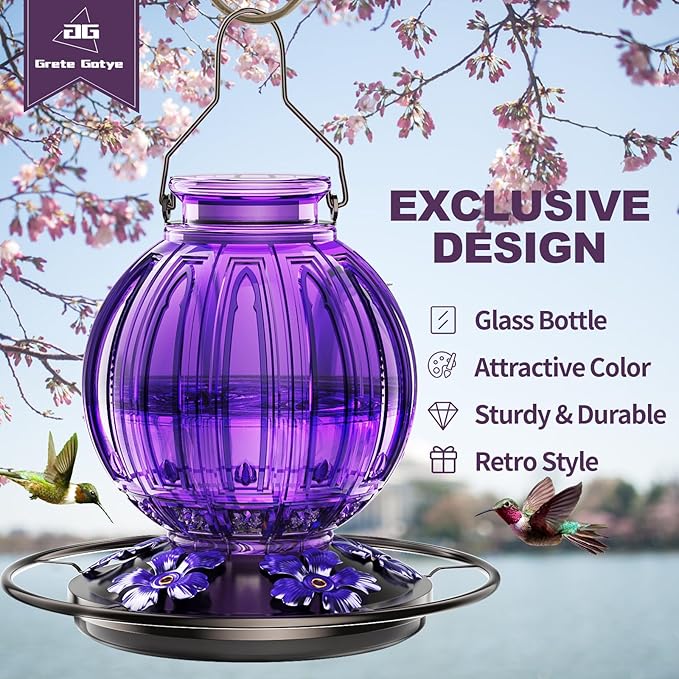 2 Pack Glass Hummingbird Feeder for Outdoors Hanging, Bird Nectar Feeder with Perch & 5 Flower Feeding Ports, 26 Oz Leak Proof for Outside Garden Decor Backyard, Gifts for Women Mom, Red & Purple