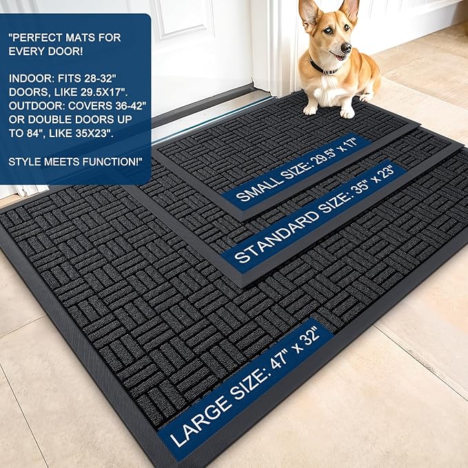 OLANLY Front Door Mat Outside Entrance 59x34, Absorbent, Heavy Duty Sturdy Natural Rubber Doormat Indoor Outdoor, Stain and Fade Resistant, Non-Slip Backing Low Profile Floor Mat for Entryway, Black