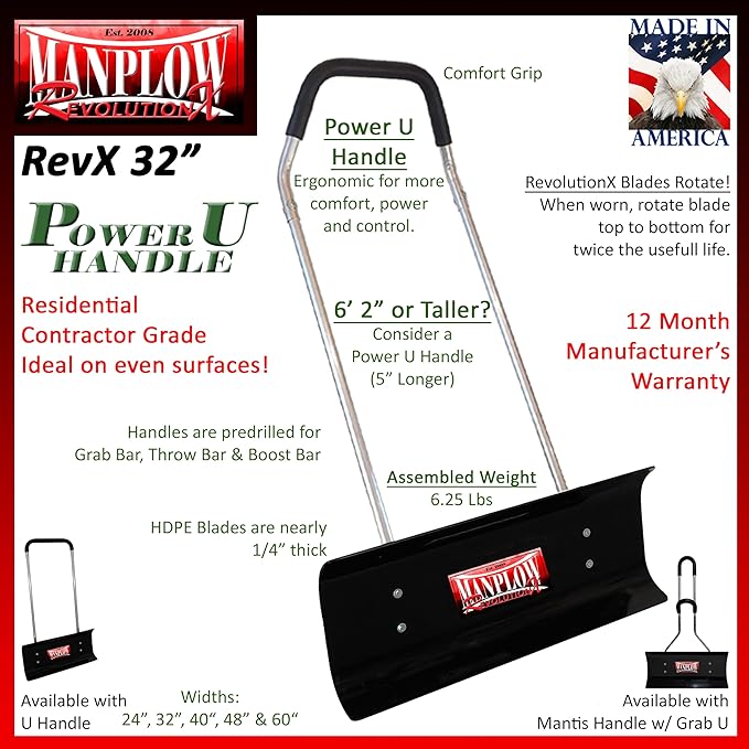 MANPLOW RevolutionX Snow Pushers and Shovels (Power U Handle, 32")