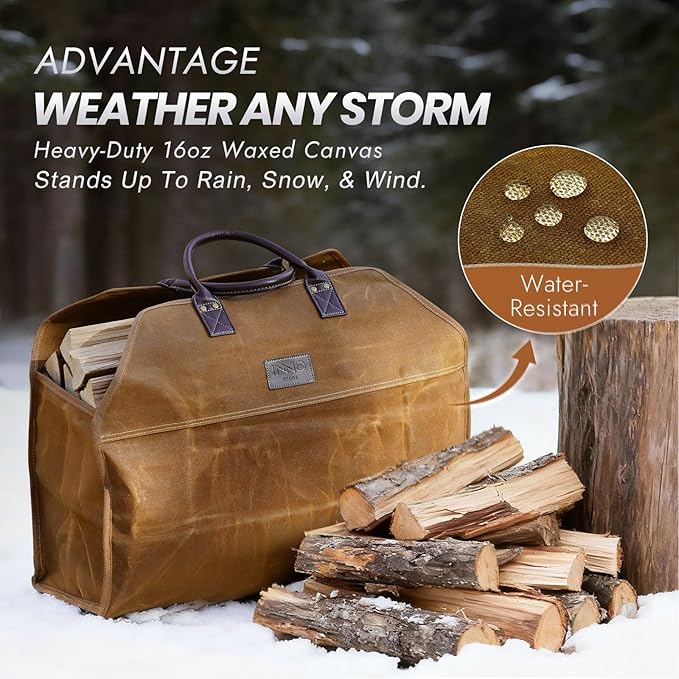 INNO STAGE Heavy Duty Wax Canvas Log Carrier Tote,Large Fire Wood Bag,Durable Firewood Holder,Canvas Shopping Bags, Fireplace Wood Stove Accessories Storage Bag for Fire Pit for Camping, BBQ Barbecue