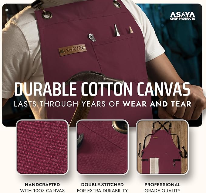 Asaya Chef and BBQ Apron with Bottle Opener and Hand Towel - 10oz Cotton Canvas, Stainless Steel Hardware - Cross Back Straps