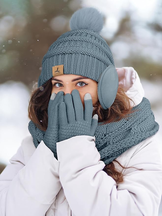 Winter Hat Scarf Gloves and Ear Warmer, Warm Knit Beanie Hat Touch Screen Gloves Set Winter Gifts Neck Scarves for Women