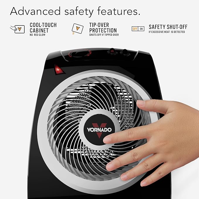 Vornado VH10 (2025) Space Heater for Indoor Use, Adjustable Thermostat, 2 Heat Settings, Advanced Safety Features, Integrated Carry Handle, Large Heater for Bedroom and Living Room, Quiet, Black