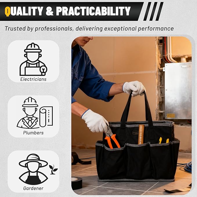 Canvas Tool Tote Bag, Heavy Duty 16oz Waxed Canvas Tool Storage Pouch with 1 Large Compartment & 10 Small Pockets | Multi-Purpose Garden Tool Bag for Horticulturists Mechanics Craftsmen – Black