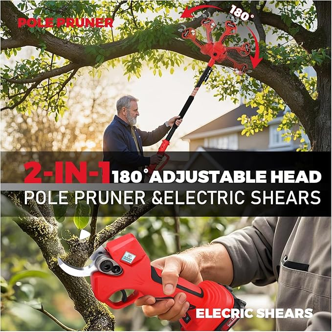 2-in-1 Pole Pruning Shears,1.6" Cutting Diameter, Cordless Electric Pruning Shears with Extension Pole,2×2.0Ah Battery Powered Pruner for Tree Trimming (2 Set Blades&Battery Charger Included)
