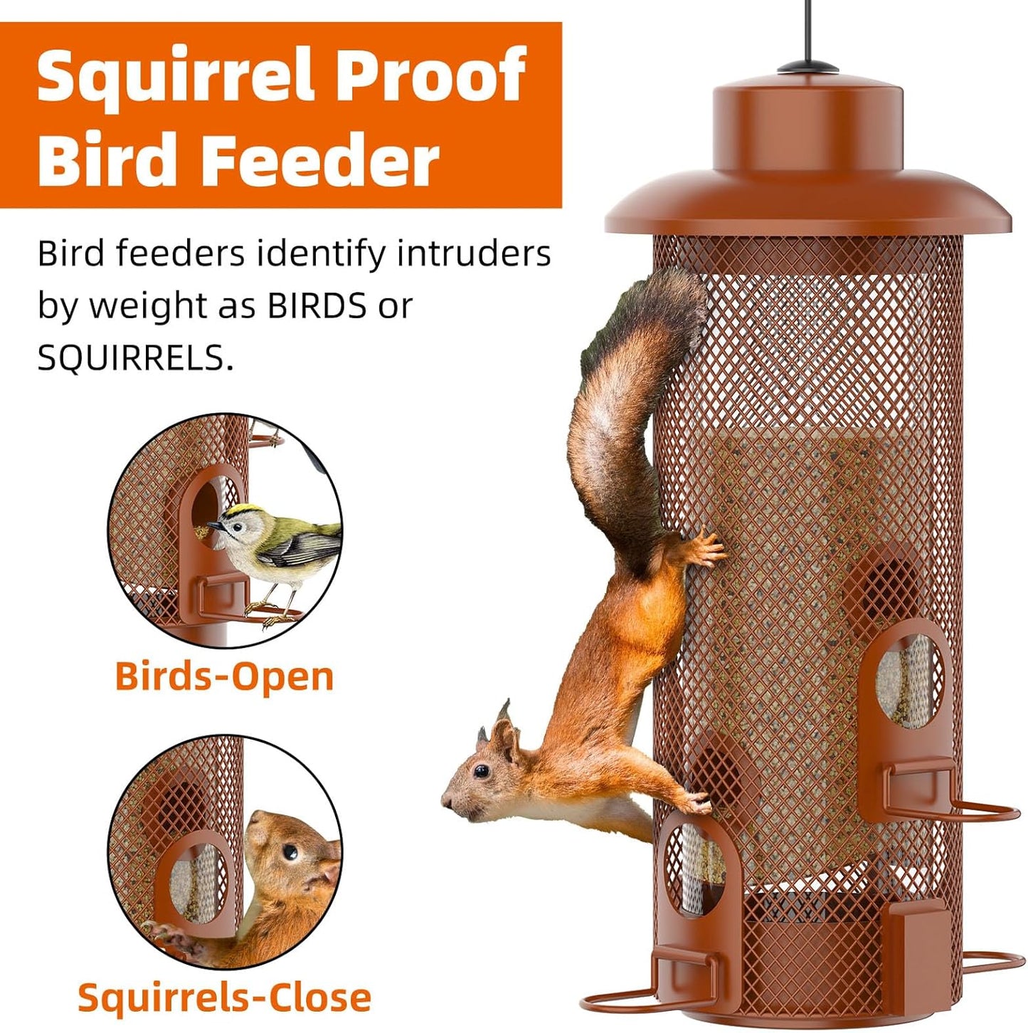 Metal Squirrel Proof Bird Feeder,Bird Feeders for Outdoors,Weight Activated Squirrel Proof Wild Bird Feeders with Finch Cardinal Chickadee,Large Capacity,Weatherproof and Durable,Reddish Brown