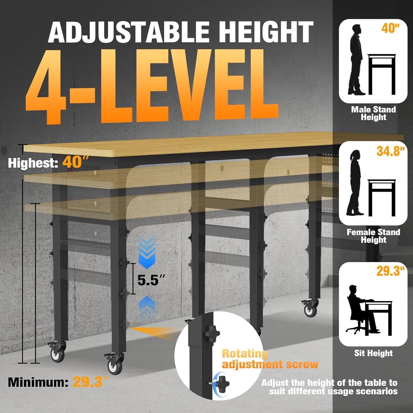 83" Heavy Duty Work Bench with Wheels, Adjustable Height 3000 Lbs Garage Workbench w/Pegboard Pad & Power Outlets, Portable Mobile Tool Work Table for Woodworking Workshop Home Office (83" L)