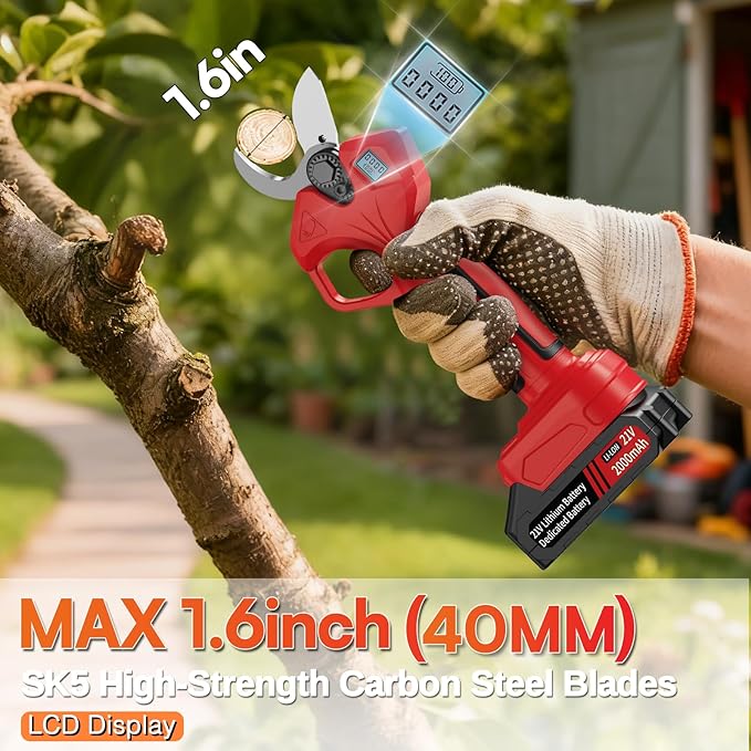 Electric Pruning Shears, Professional Cordless Pruning Shears with LCD Display, Electric Pruner Battery Powered with 2 PCS Rechargeable 2Ah Lithium Battery, 1.6Inch (40MM) Cutting Diameter